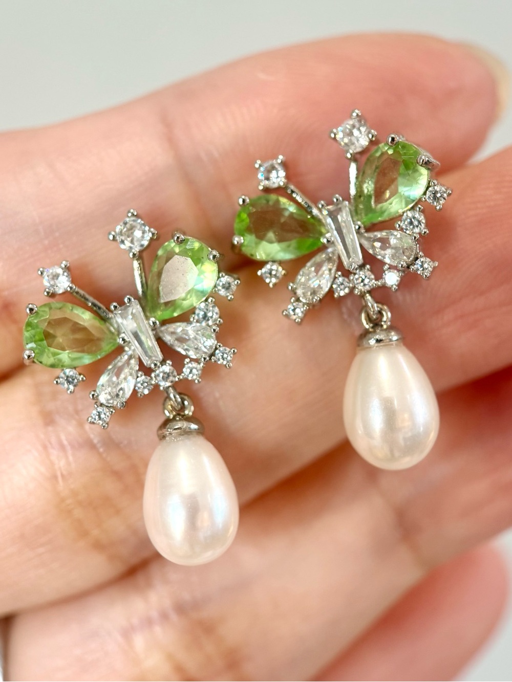 Green Crystal Butterfly Real Freshwater Pearl Drop Earrings